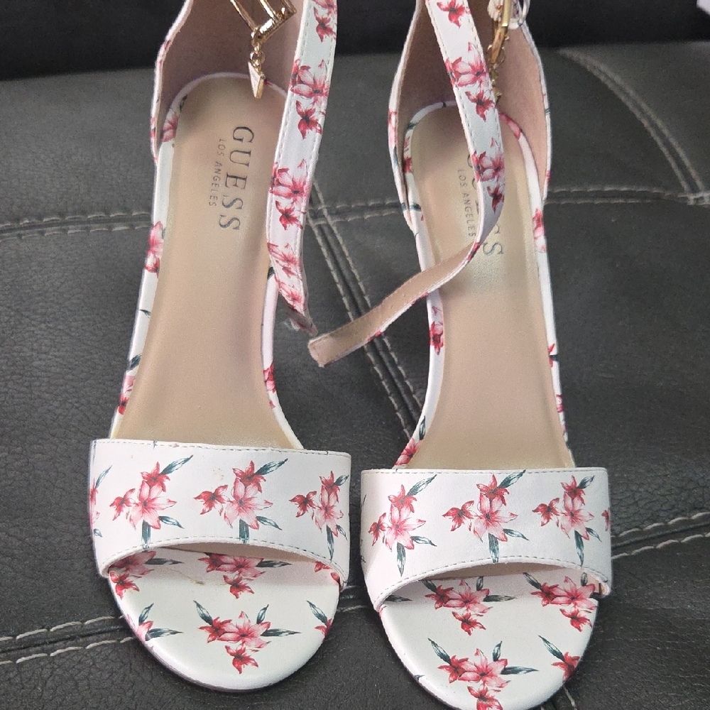 GUESS White Floral Open-Toe Ankle Strap Heels